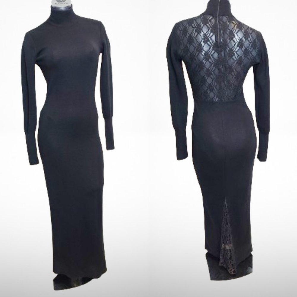 CLAUDE MONTANA STUNNING VINTAGE BLACK LONG SLEEVE TURTLENECK GOWN / DRESS